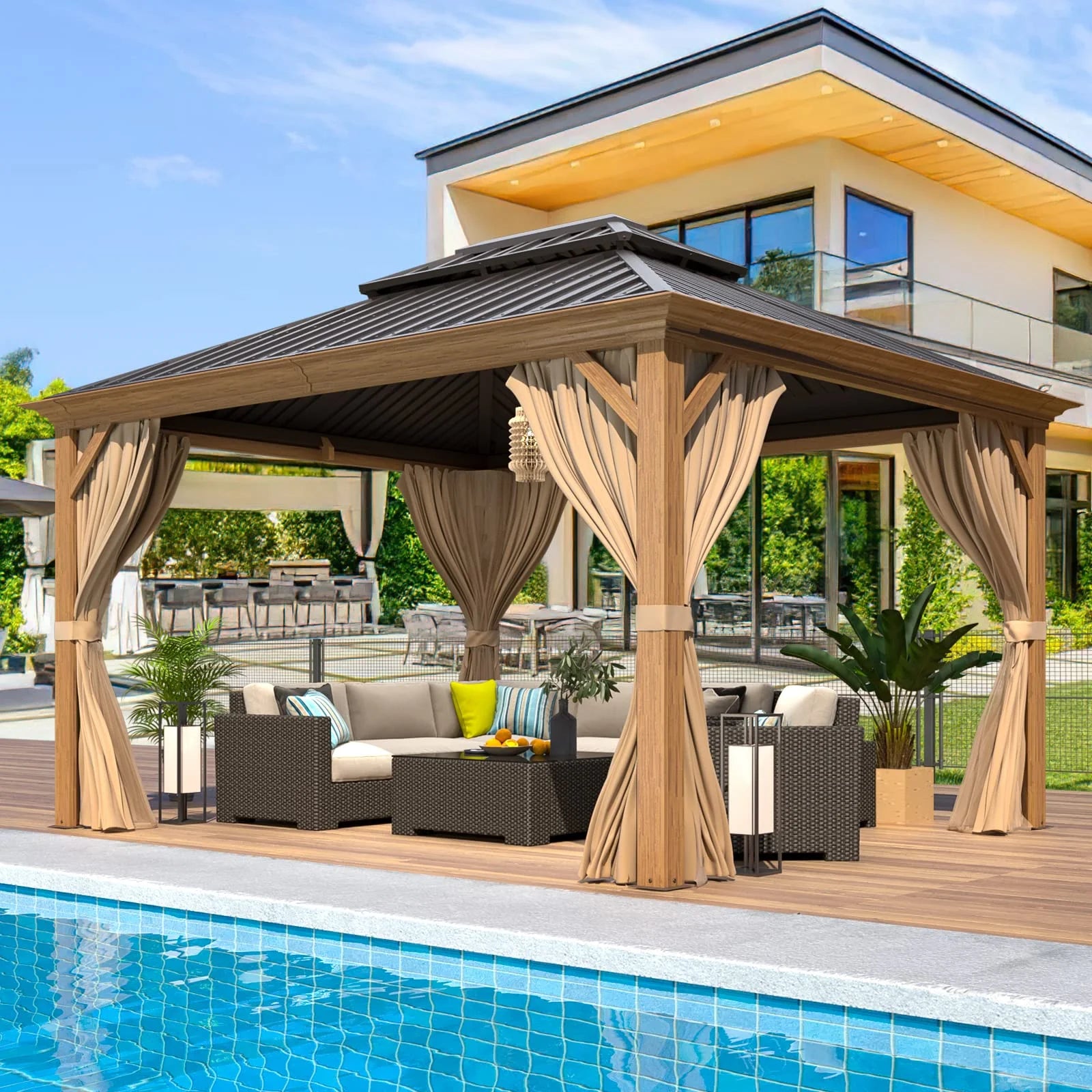 10'X12' Gazebo, Wood Grain Aluminum Frame Canopy with Double Galvanized Steel Hardtop Roof, Outdoor Permanent Metal Pavilion with Curtains and Nettings for Patio, Backyard and Deck