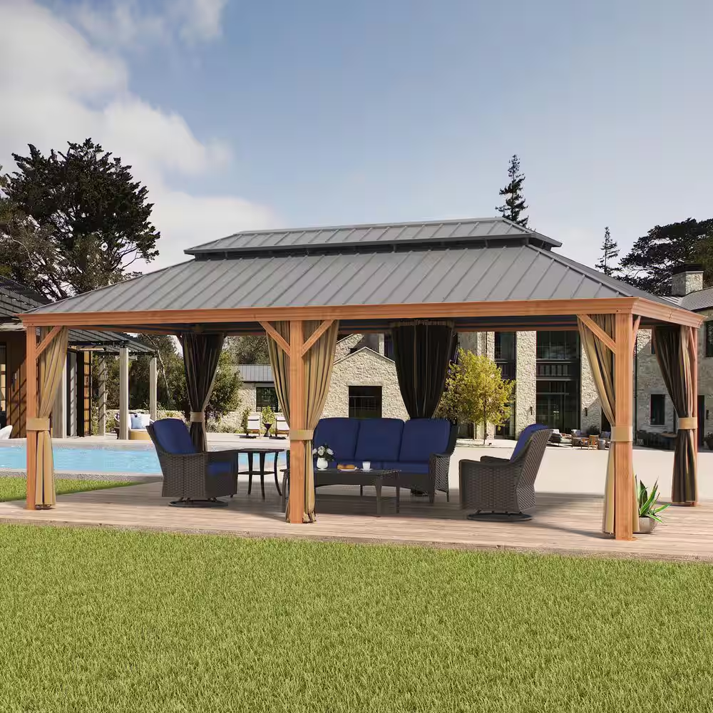12 Ft. X 22 Ft. Double Galvanized Steel Roof Aluminum Frame Outdoor Patio Hardtop Gazebo Wooden Finish Coated