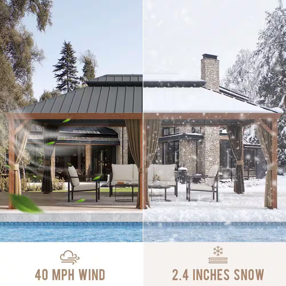 12 Ft. X 22 Ft. Double Galvanized Steel Roof Aluminum Frame Outdoor Patio Hardtop Gazebo Wooden Finish Coated