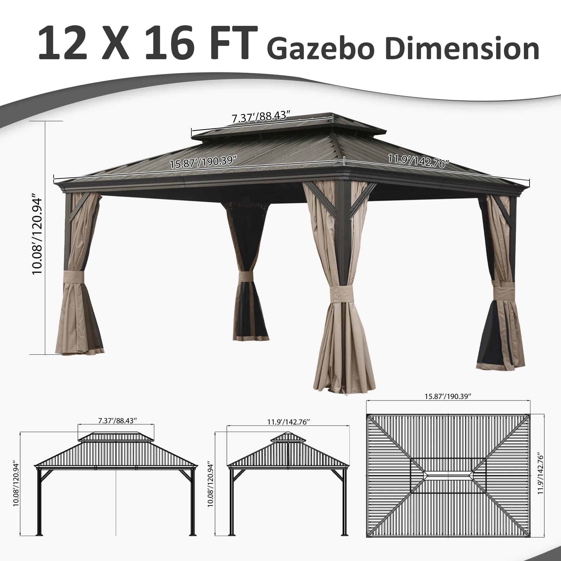 12' X 16' Hardtop Gazebo, Galvanized Steel Double Roof Canopy W/Curtains and Netting, Drainage System, Sunshade for Deck, Lawns and Backyard, Brown.