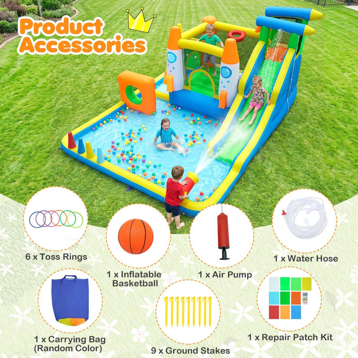 10-in-1 Inflatable Bounce House with Water Slide and Ball Pit