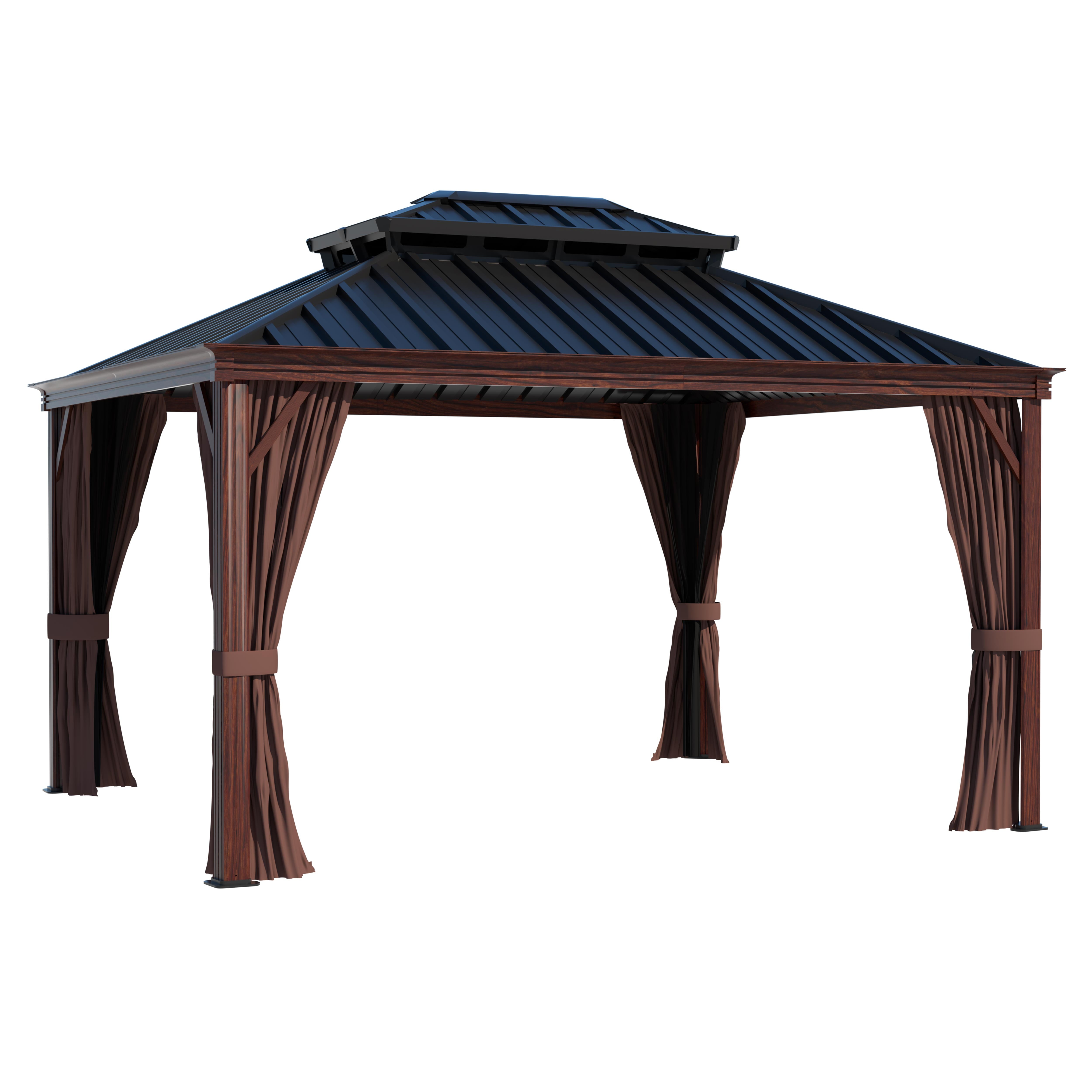 12' X 10' Outdoor Hardtop Gazebo, Water-Resistant Aluminum Wood Grain Gazebo, Rustic