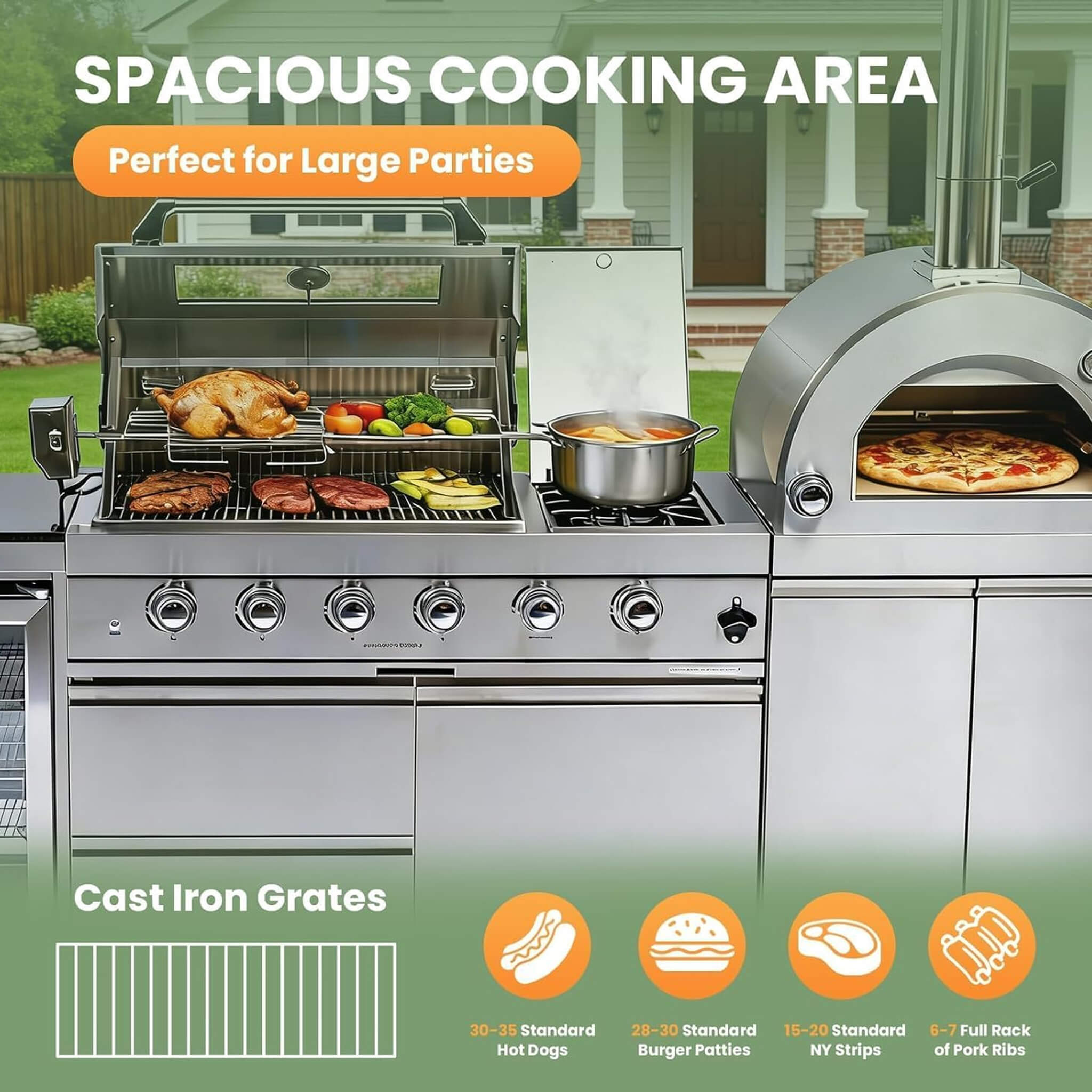 Blazon 125-Inch 4-Burner 108K BTU Outdoor Kitchen Island With Pizza Oven, Rotisserie & Refrigerator (SAK55768)
