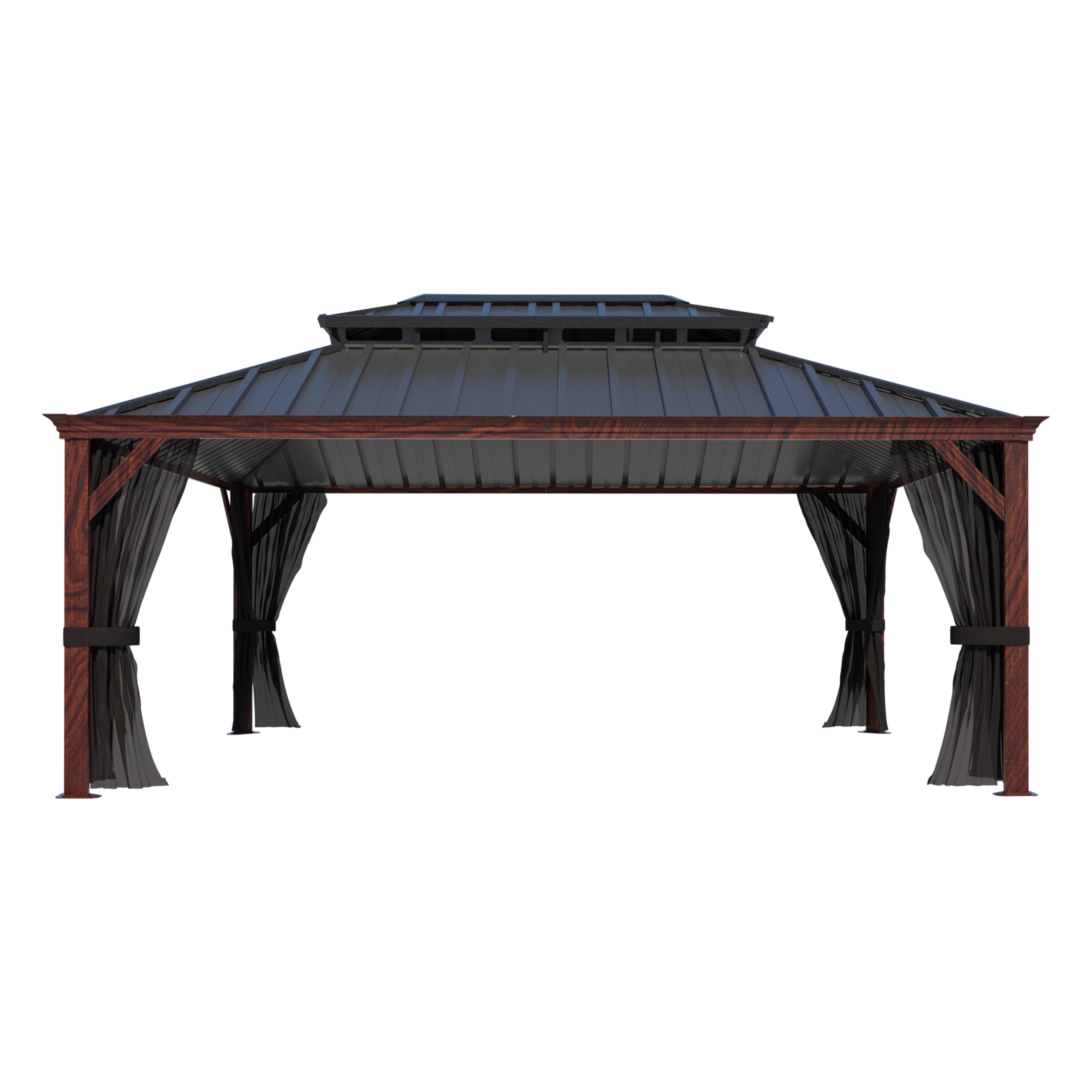 12' X 16' Outdoor Hardtop Gazebo, Wood Grain Gazebo W/Double Metal Roof for Patio, Rustic