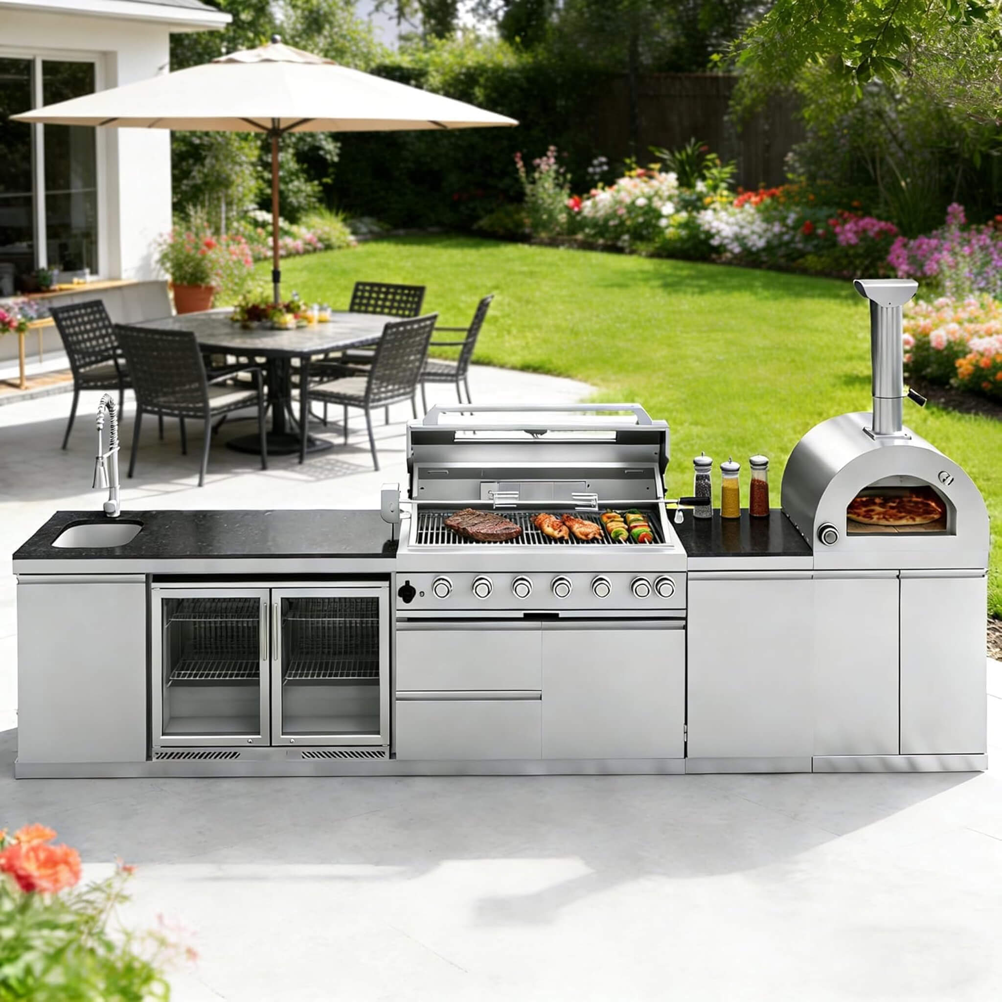 Blazon 147-Inch 6-Burner 120K BTU Outdoor Kitchen Island With Pizza Oven, Rotisserie & Refrigerator (SAK96429)