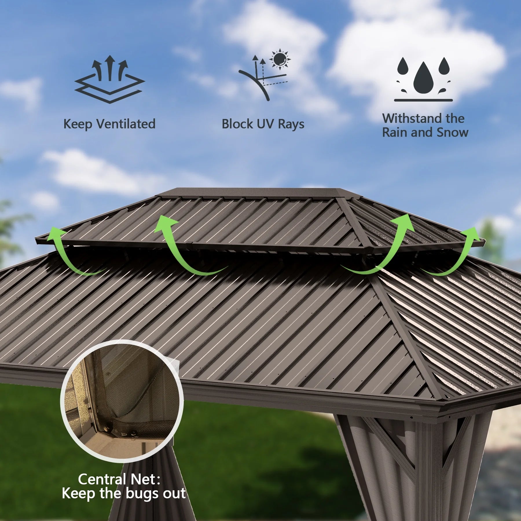 12' X 14' Hardtop Gazebo, Galvanized Steel Double Roof Canopy W/Curtains and Netting, Drainage System, Sunshade for Deck, Lawns and Backyard, Brown.