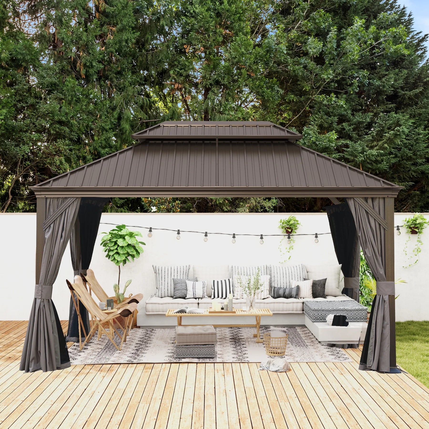 12' X 14' Hardtop Gazebo, Galvanized Steel Double Roof Canopy W/Curtains and Netting, Drainage System, Sunshade for Deck, Lawns and Backyard, Brown.