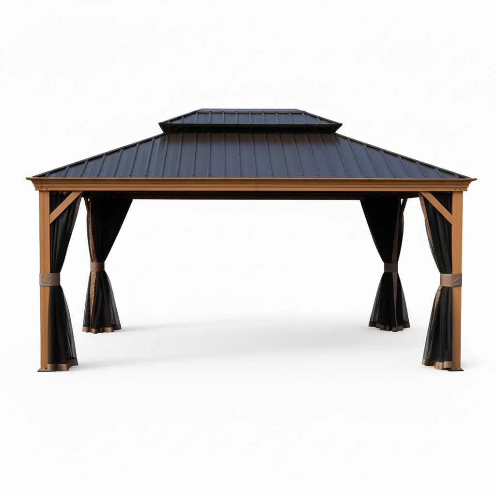 Apollo 12 Ft. X 16 Ft. Wood like Aluminum Hardtop Gazebo with Galvanized Steel Roof and Mosquito Net