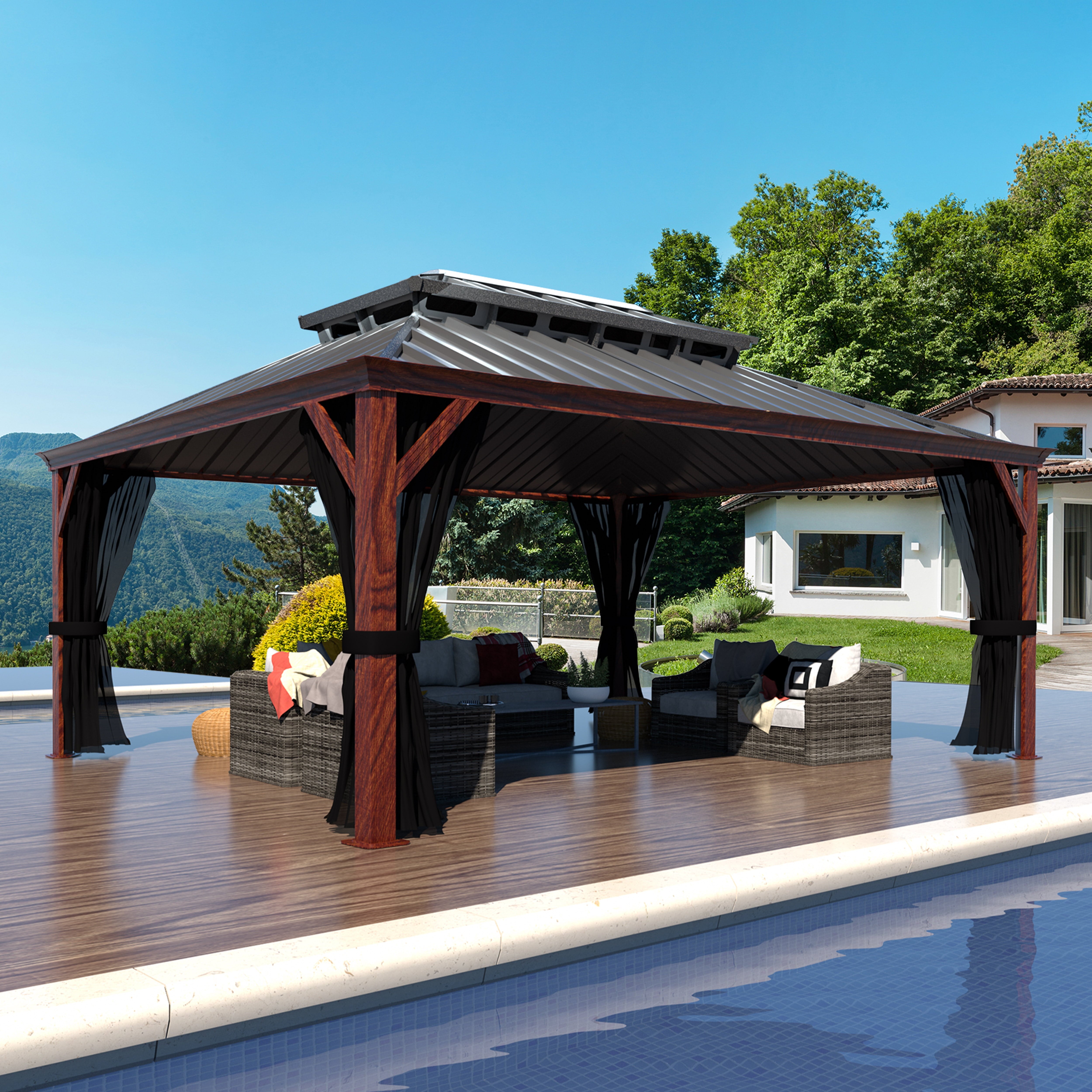 12' X 16' Outdoor Hardtop Gazebo, Wood Grain Gazebo W/Double Metal Roof for Patio, Rustic