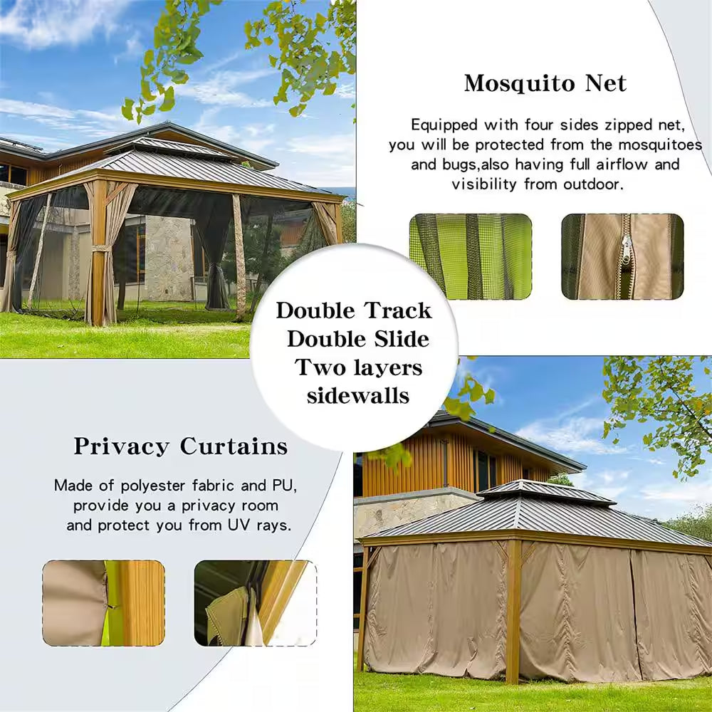 12 Ft. X 14 Ft. Wooden Coated Aluminum Frame Patio Gazebo Canopy with Galvanized Steel Double Hardtop Curtain Netting