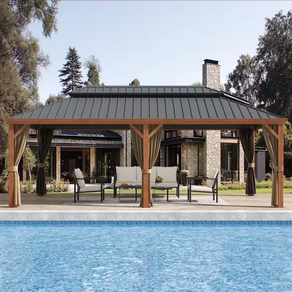 12 Ft. X 22 Ft. Double Galvanized Steel Roof Aluminum Frame Outdoor Patio Hardtop Gazebo Wooden Finish Coated