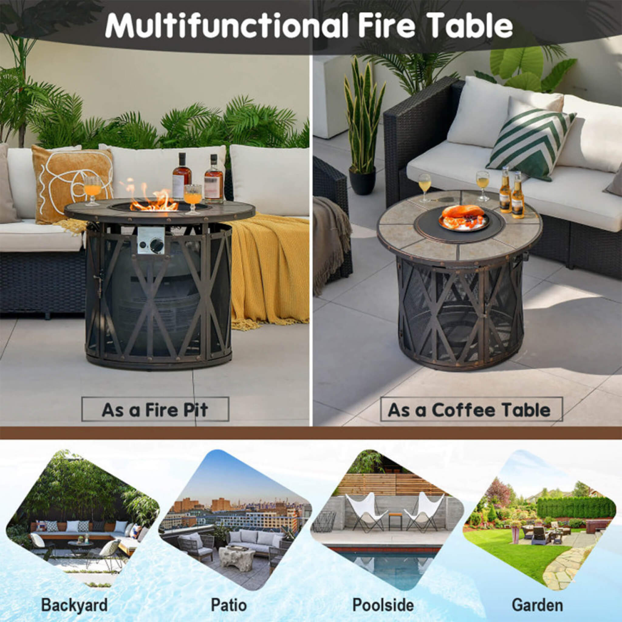 Alora 30K BTU Premium Outdoor Patio Gas Fire Pit Table With Fire Glass And Cover, 32"
