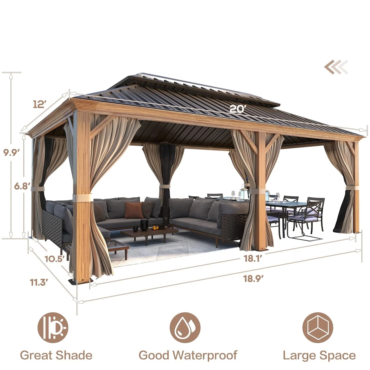12' X 20' Hardtop Gazebo, Wooden Finish Coated Aluminum Frame Gazebo with Galvanized Steel Double Roof with Curtains and Netting