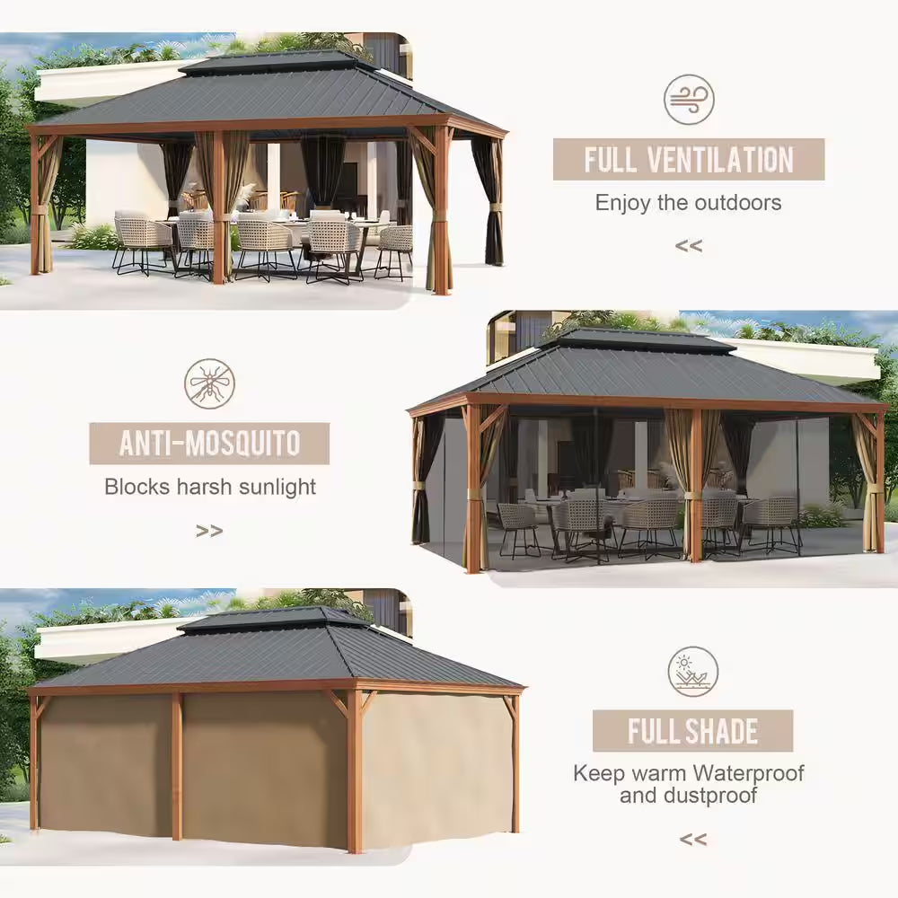 14 Ft. X 20 Ft. Double Galvanized Steel Roof Aluminum Frame Outdoor Patio Hardtop Gazebo Wooden Finish Coated