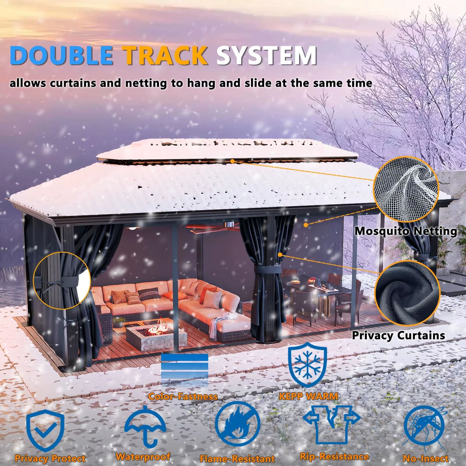 12×20 Hardtop Gazebo with Metal Roof, Heavy Duty Galvanized Steel Gazebo with Reinforced Aluminum Frame, Flame-Resistant Curtain