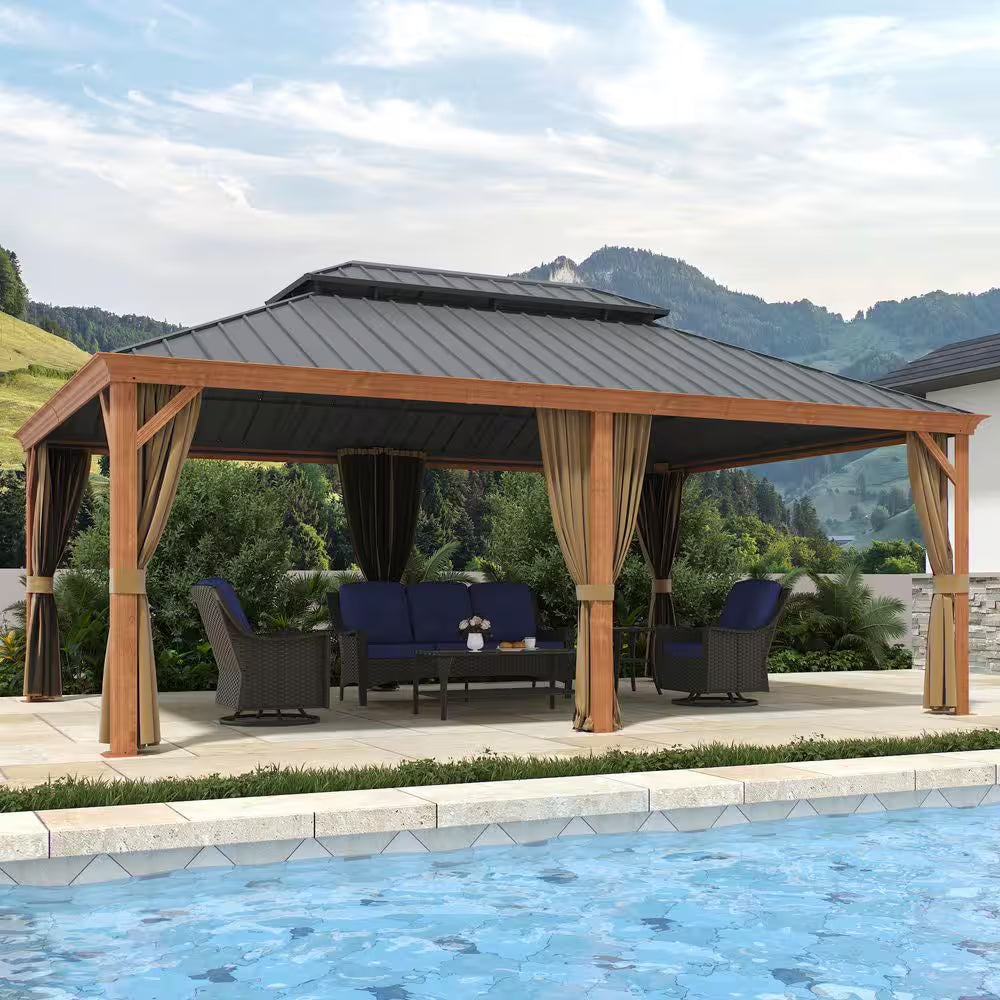 14 Ft. X 20 Ft. Double Galvanized Steel Roof Aluminum Frame Outdoor Patio Hardtop Gazebo Wooden Finish Coated