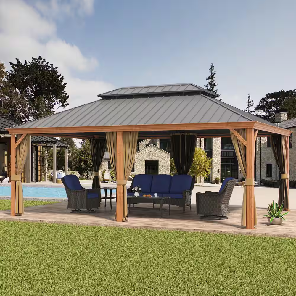 14 Ft. X 20 Ft. Double Galvanized Steel Roof Aluminum Frame Outdoor Patio Hardtop Gazebo Wooden Finish Coated