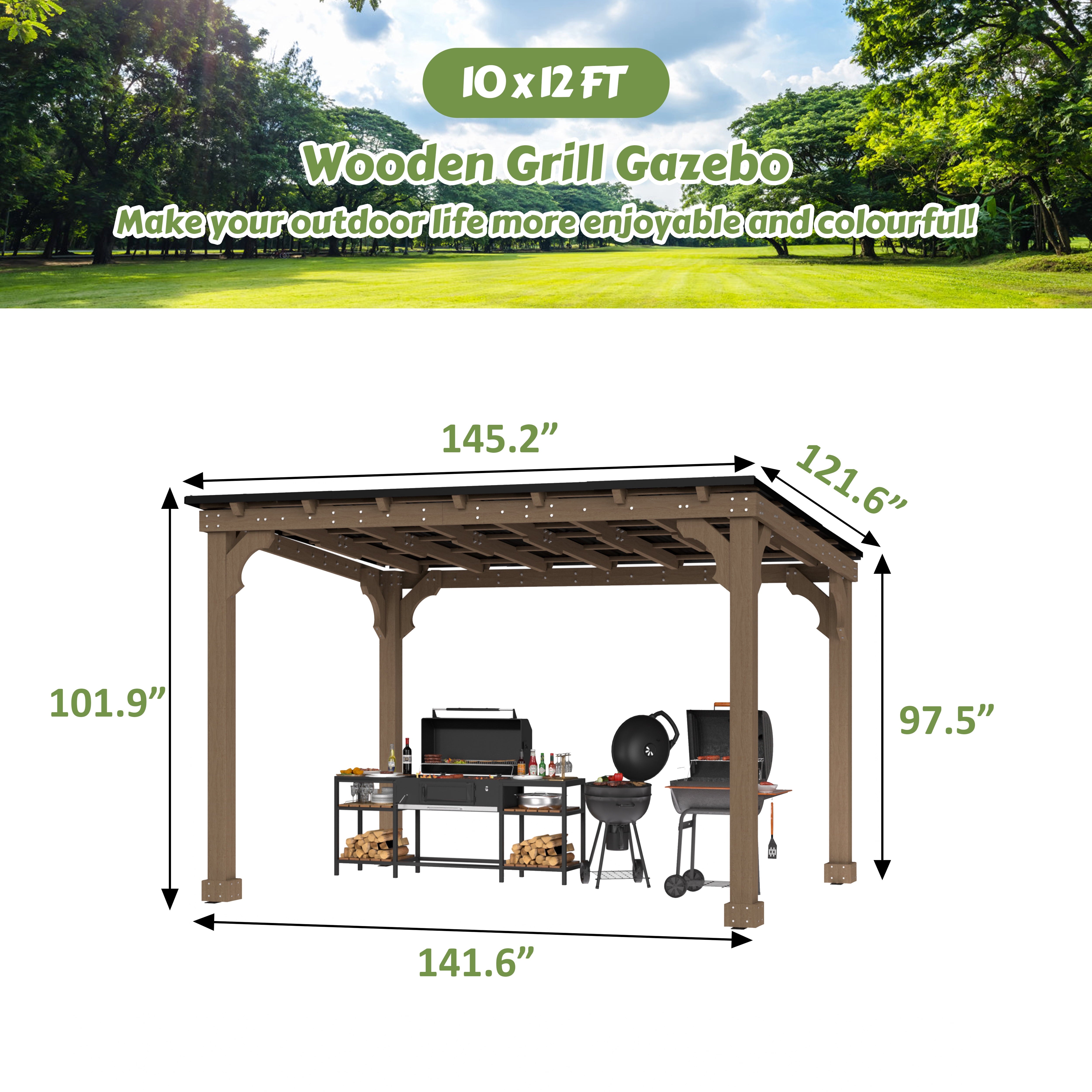 10'X 12' Outdoor Wooden Grill Gazebo, Heavy Duty Bbq Pergola for Deck, Garden and Patio