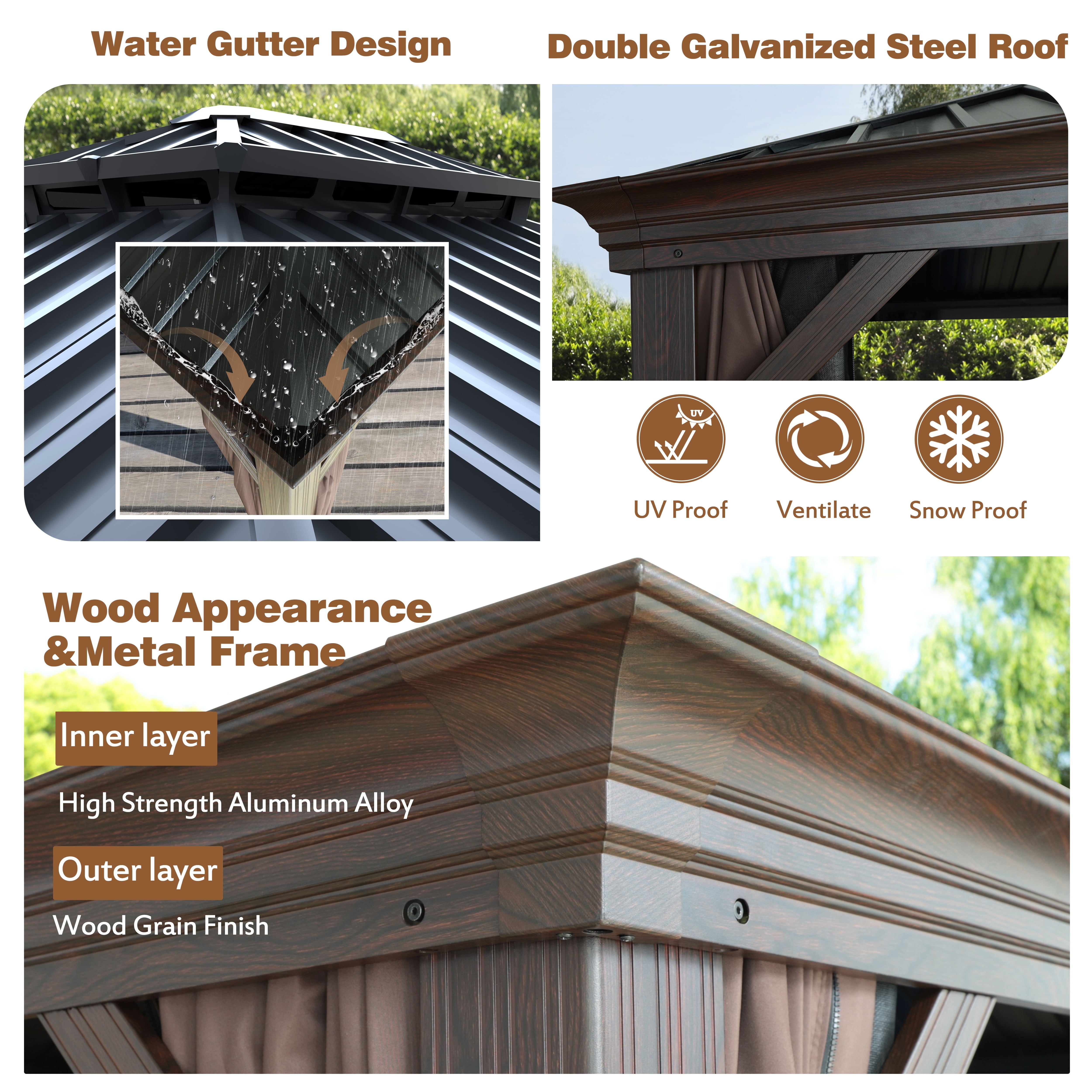 12' X 10' Outdoor Hardtop Gazebo, Water-Resistant Aluminum Wood Grain Gazebo, Rustic