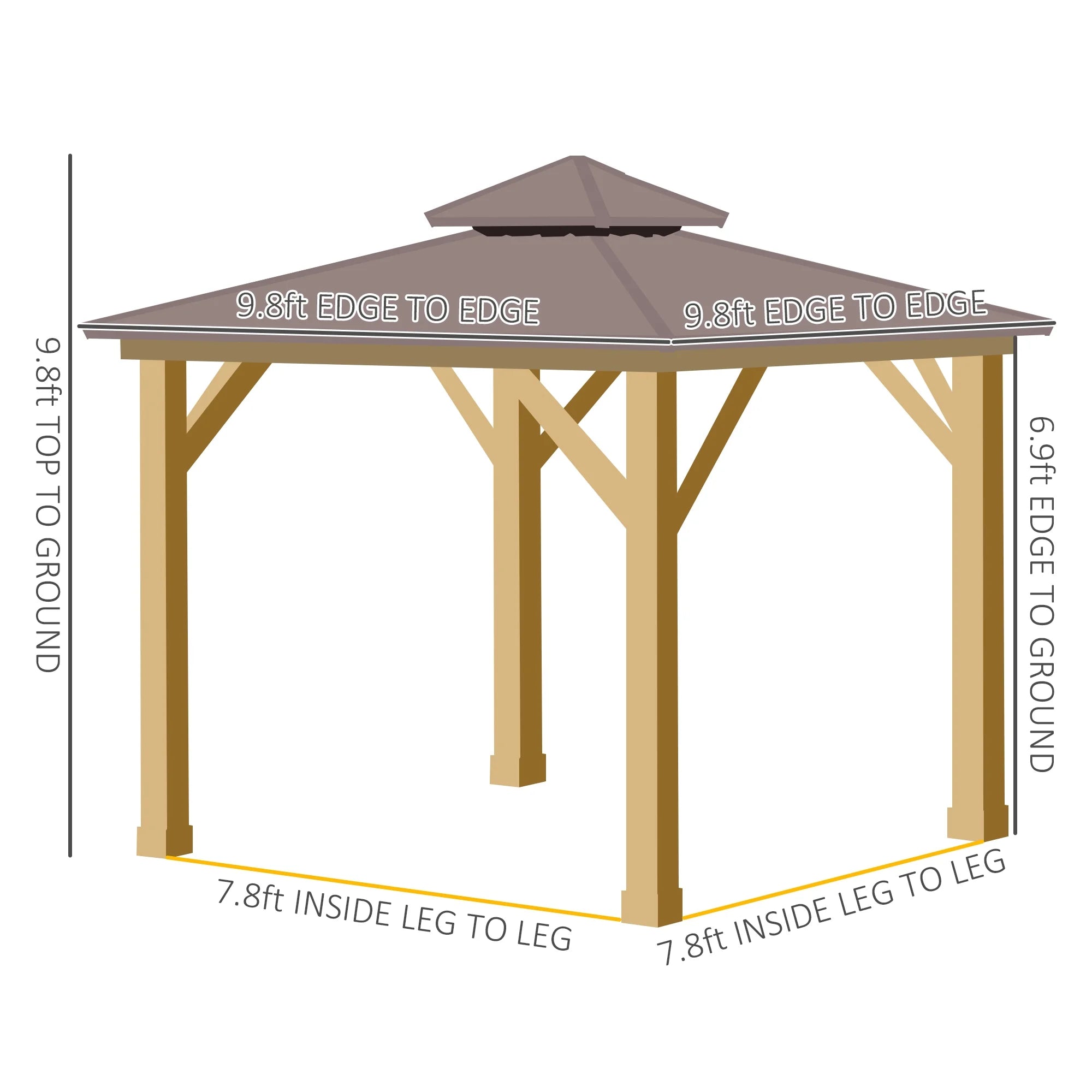 10X10 Hardtop Gazebo with Wooden Frame, Permanent Metal Roof Gazebo Canopy with Ceiling Light Hook for Garden, Patio, Backyard, Brown