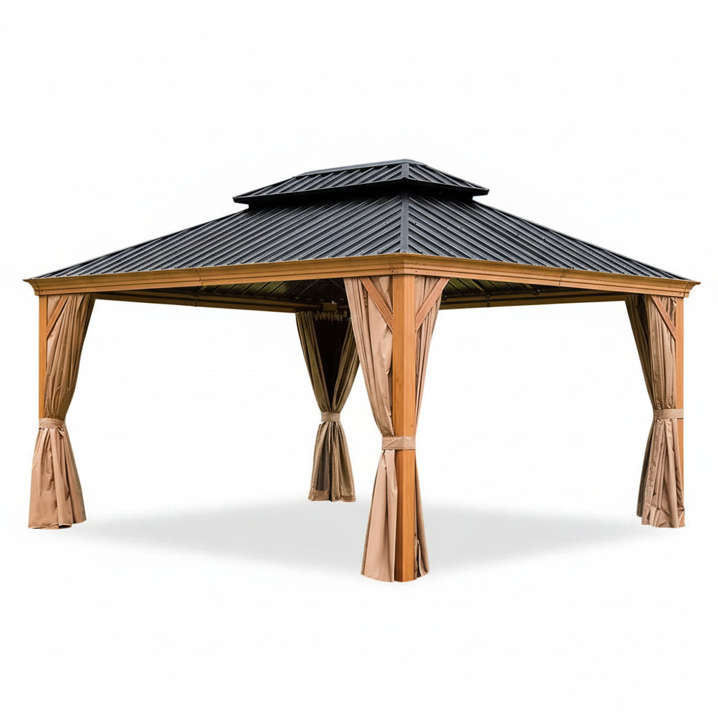 12 Ft. X 14 Ft. Wooden Coated Aluminum Frame Patio Gazebo Canopy with Galvanized Steel Double Hardtop Curtain Netting