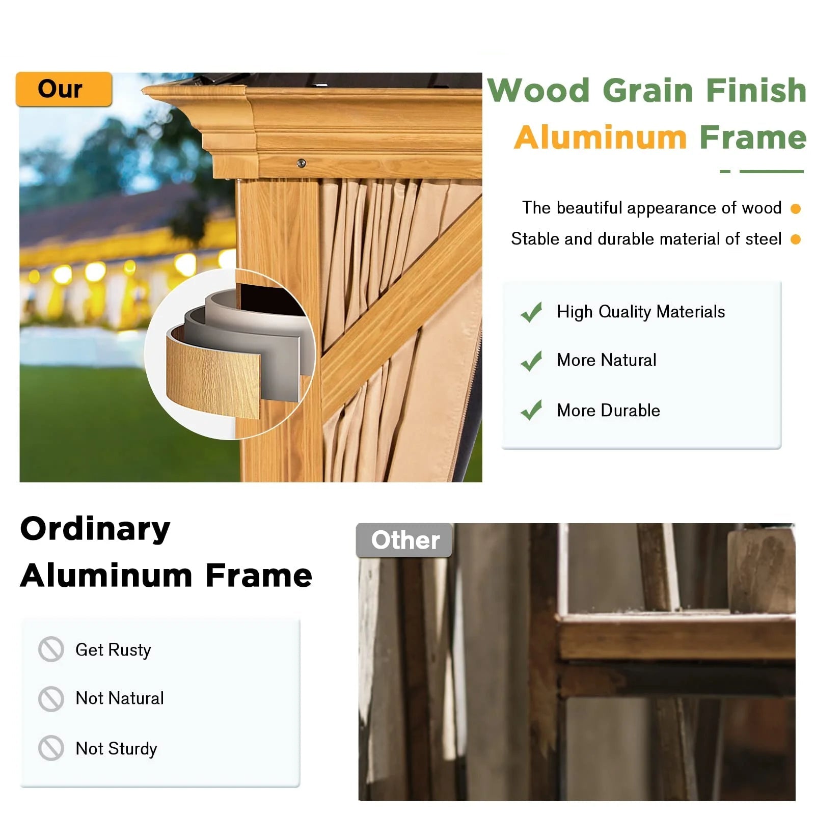 10'X12' Gazebo, Wood Grain Aluminum Frame Canopy with Double Galvanized Steel Hardtop Roof, Outdoor Permanent Metal Pavilion with Curtains and Nettings for Patio, Backyard and Deck