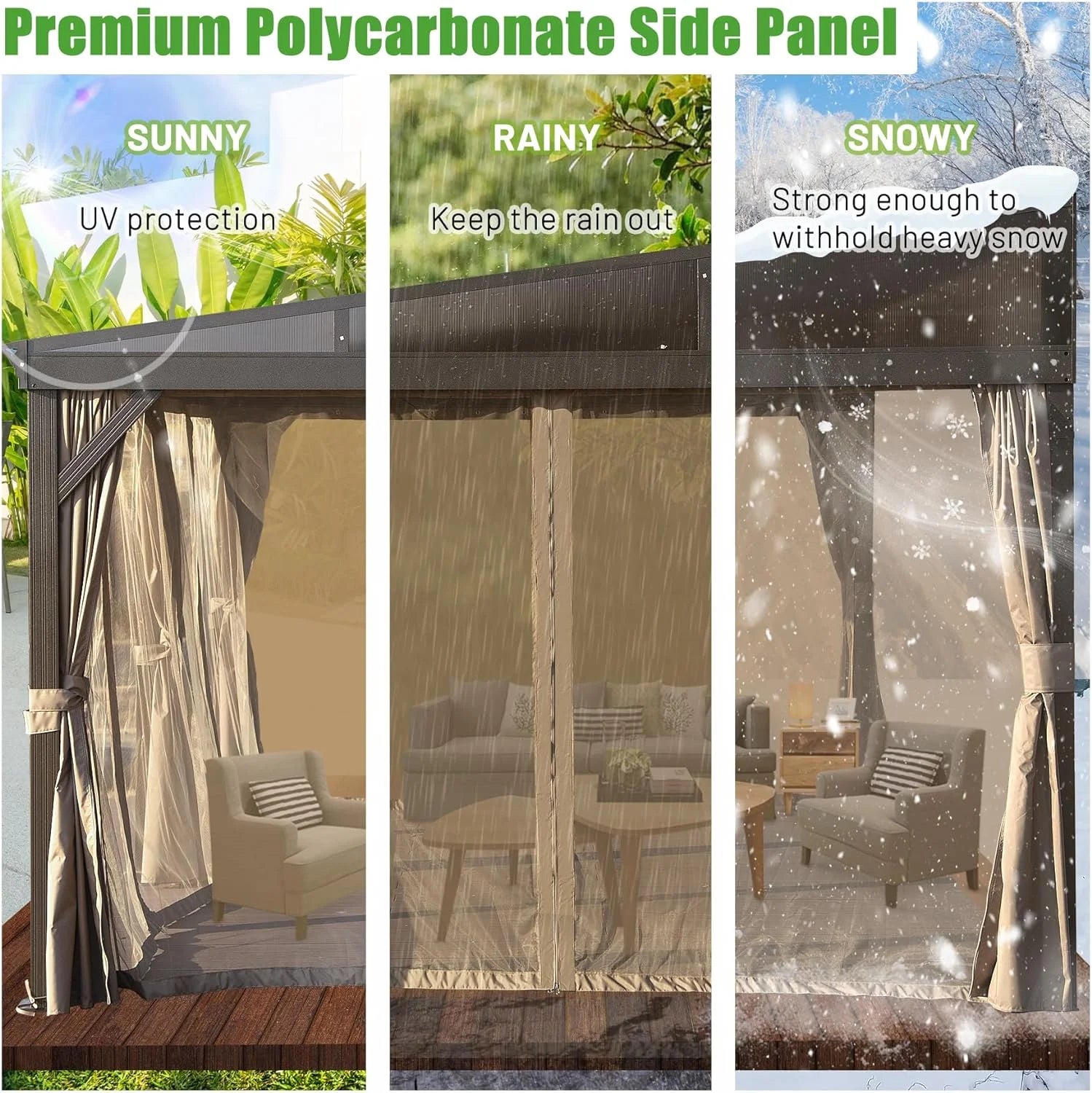 12X14Ft Lean to Gazebo, Hardtop Wall Mounted Gazebo with Sloping Galvanized Steel Roof, Wall Pergola with Aluminum Frame, Curtains and Netting, for Patio, Deck, Garden, Backyard