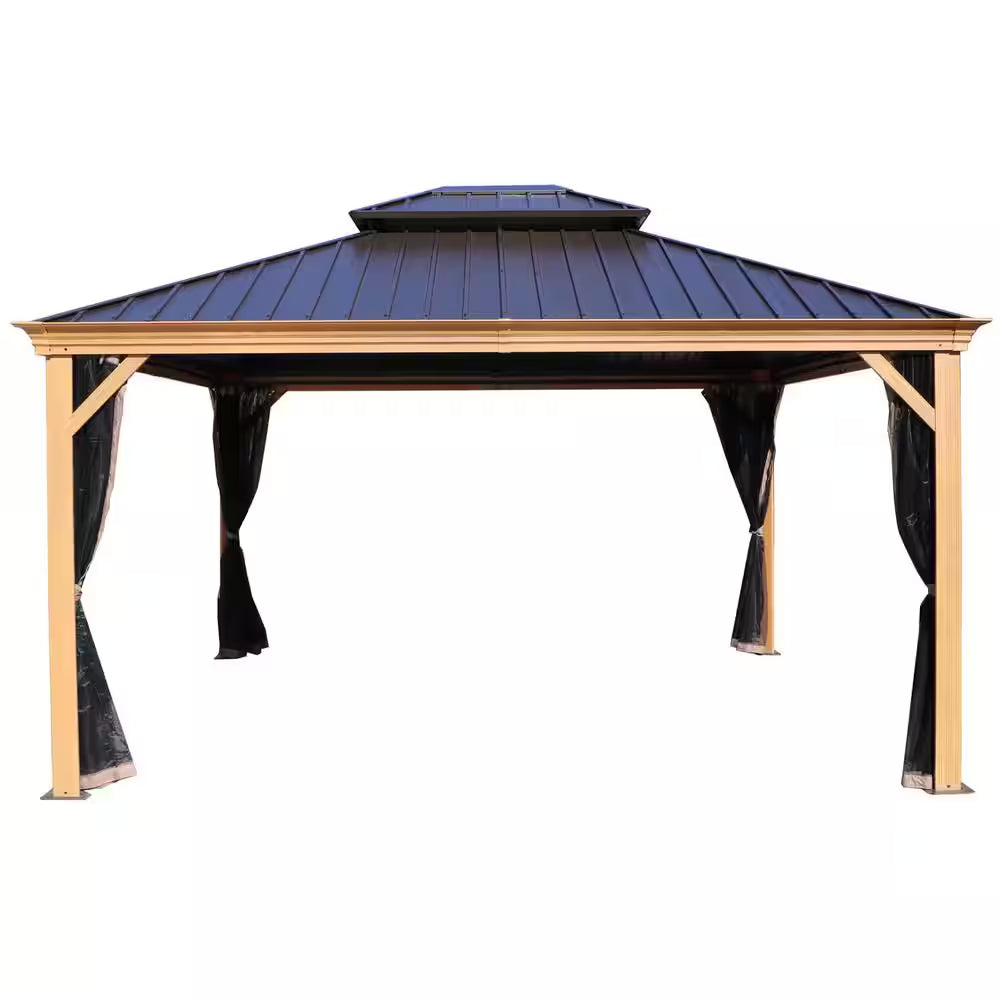 Apollo 12 Ft. X 14 Ft. Wood like Aluminum Hardtop Gazebo with Galvanized Steel Roof and Mosquito Net