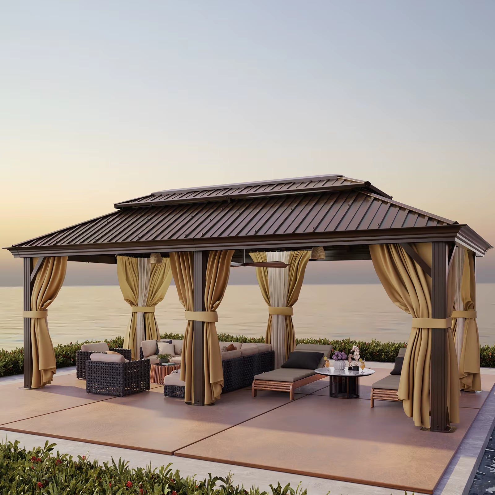 12×20 Hardtop Gazebo with Metal Roof, Heavy Duty Galvanized Steel Gazebo with Reinforced Aluminum Frame, Flame-Resistant Curtain