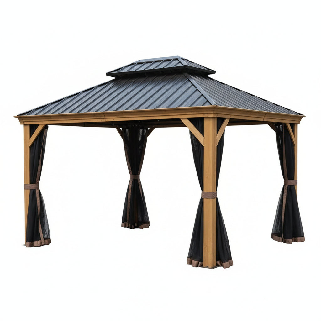 Apollo 10 Ft. X 12 Ft. Wood like Aluminum Hardtop Gazebo with Galvanized Steel Roof and Mosquito Net