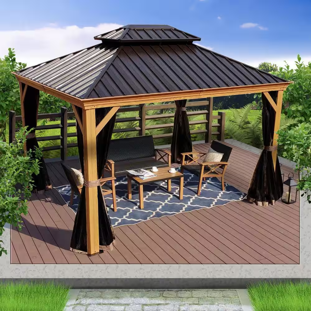 Apollo 10 Ft. X 12 Ft. Wood like Aluminum Hardtop Gazebo with Galvanized Steel Roof and Mosquito Net