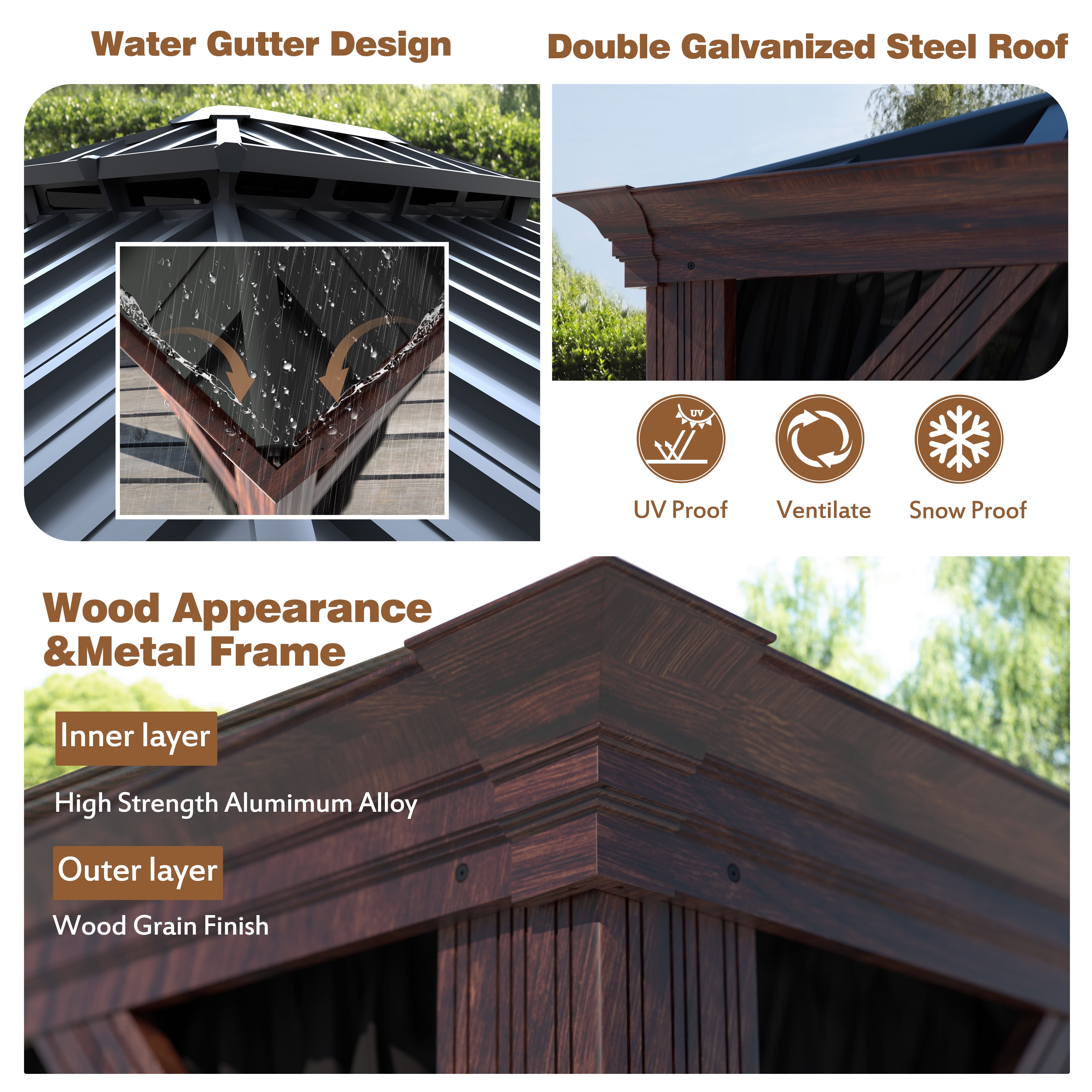 12' X 16' Outdoor Hardtop Gazebo, Wood Grain Gazebo W/Double Metal Roof for Patio, Rustic