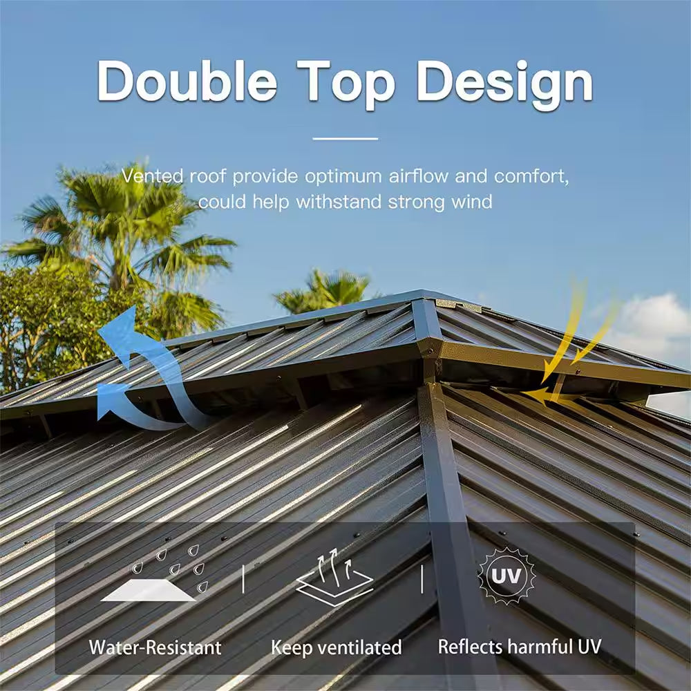 12 Ft. X 14 Ft. Wooden Coated Aluminum Frame Patio Gazebo Canopy with Galvanized Steel Double Hardtop Curtain Netting