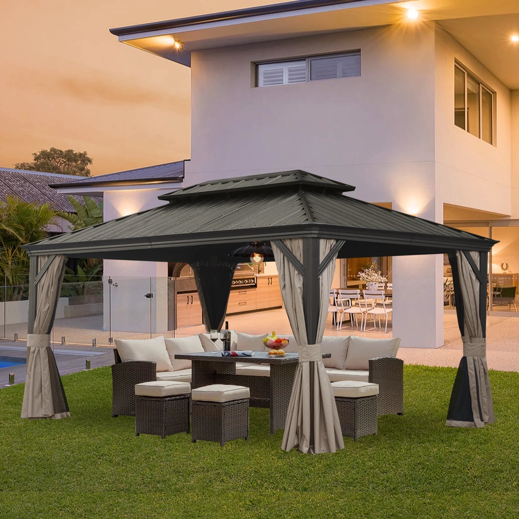 12' X 16' Hardtop Gazebo, Galvanized Steel Double Roof Canopy W/Curtains and Netting, Drainage System, Sunshade for Deck, Lawns and Backyard, Brown.