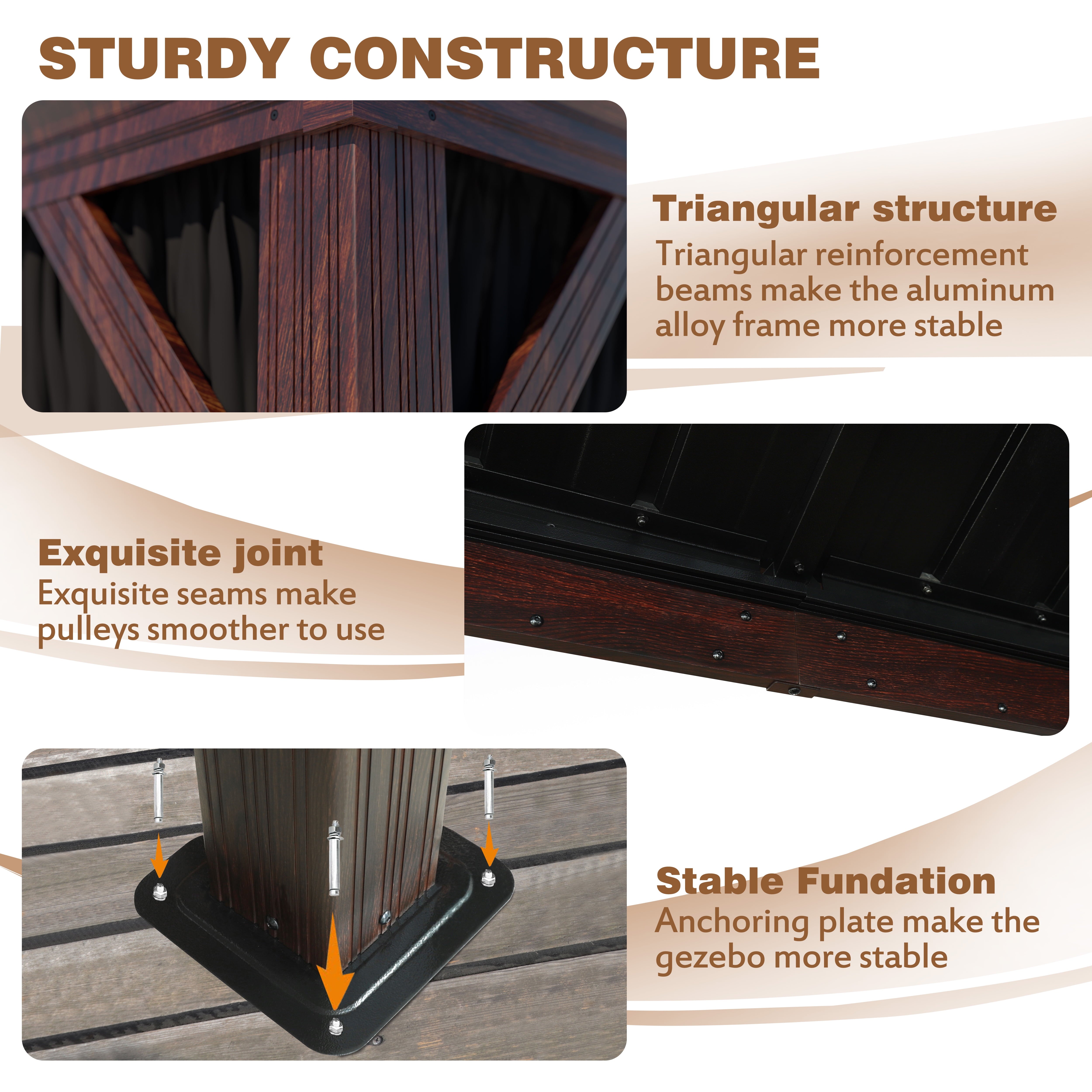 12' X 16' Outdoor Hardtop Gazebo, Wood Grain Gazebo W/Double Metal Roof for Patio, Rustic