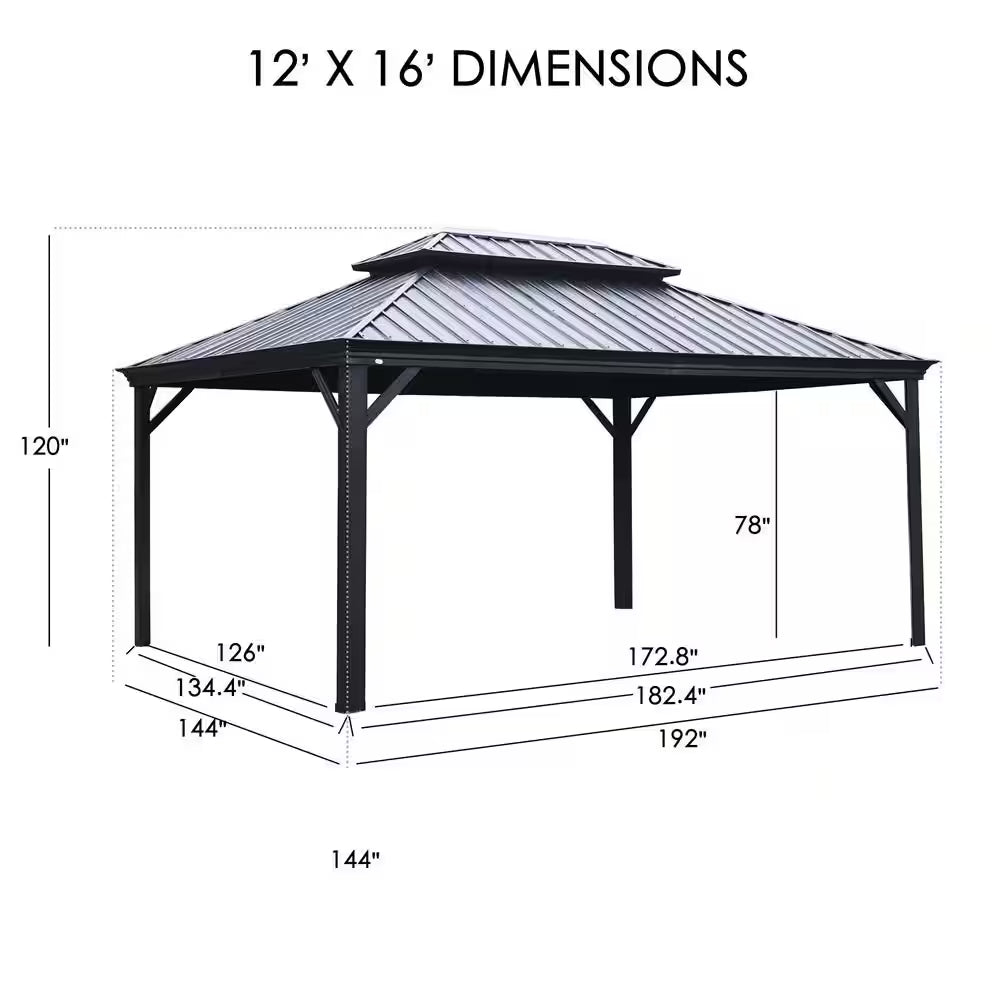 Alexander 12 Ft. D X 9 Ft. H X 16 Ft. W Aluminum Hardtop Gazebo W/Galvanized Steel Roof, Mosquito Net & Privacy Curtain