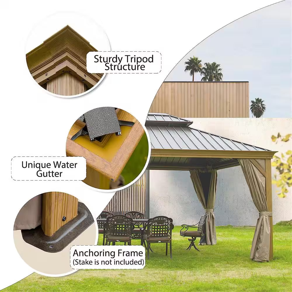 12 Ft. X 14 Ft. Wooden Coated Aluminum Frame Patio Gazebo Canopy with Galvanized Steel Double Hardtop Curtain Netting
