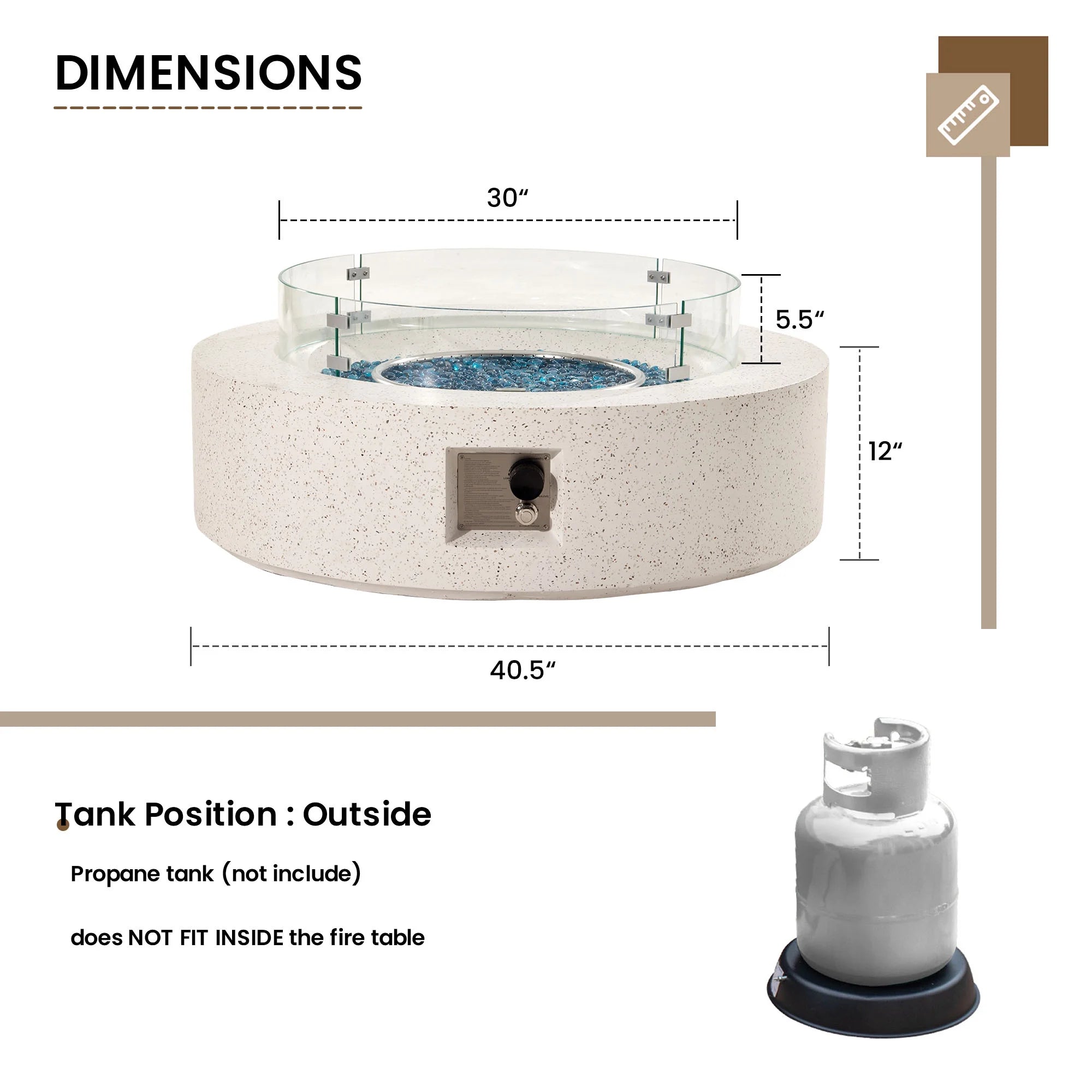 Outdoor Propane Fire Pit Coffee Table, 40.5-Inch Round, White Terrazzo Finish with Wind Guard, Aqua Blue Fire Glass, Rain Cover