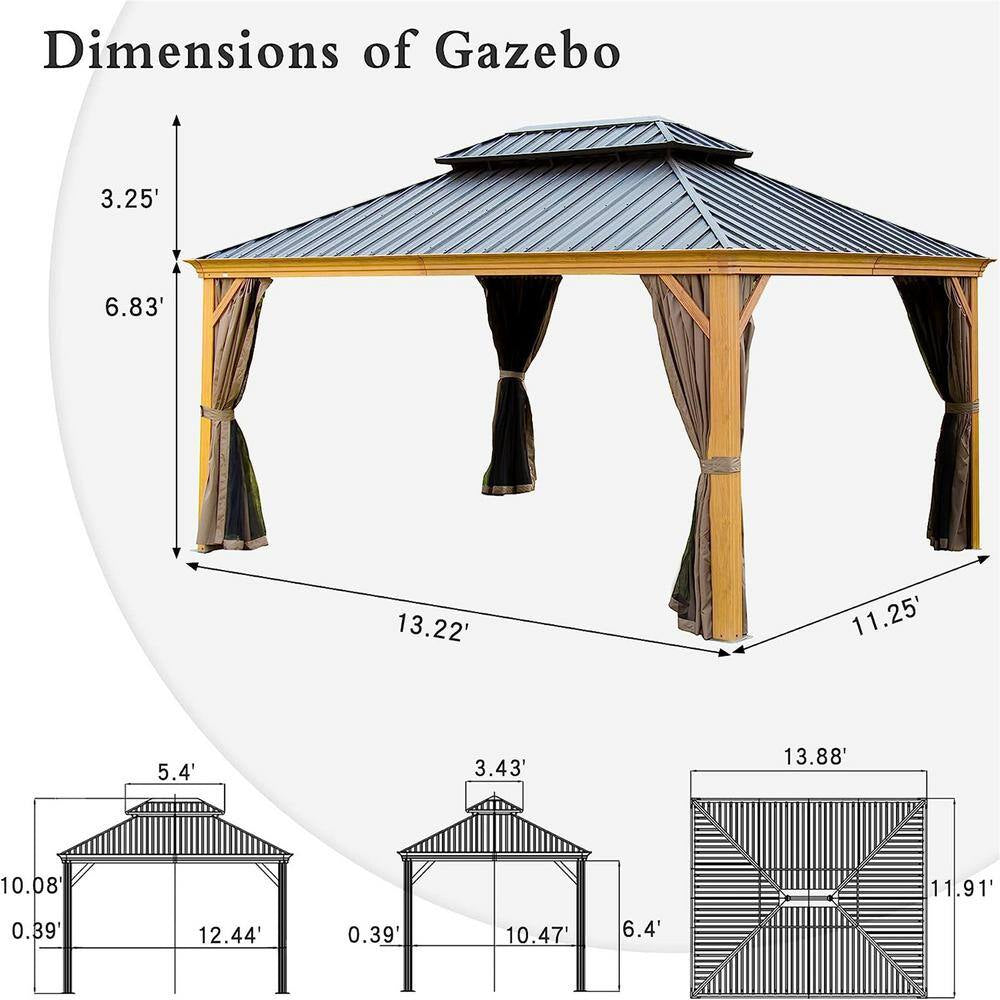12 Ft. X 14 Ft. Wooden Coated Aluminum Frame Patio Gazebo Canopy with Galvanized Steel Double Hardtop Curtain Netting