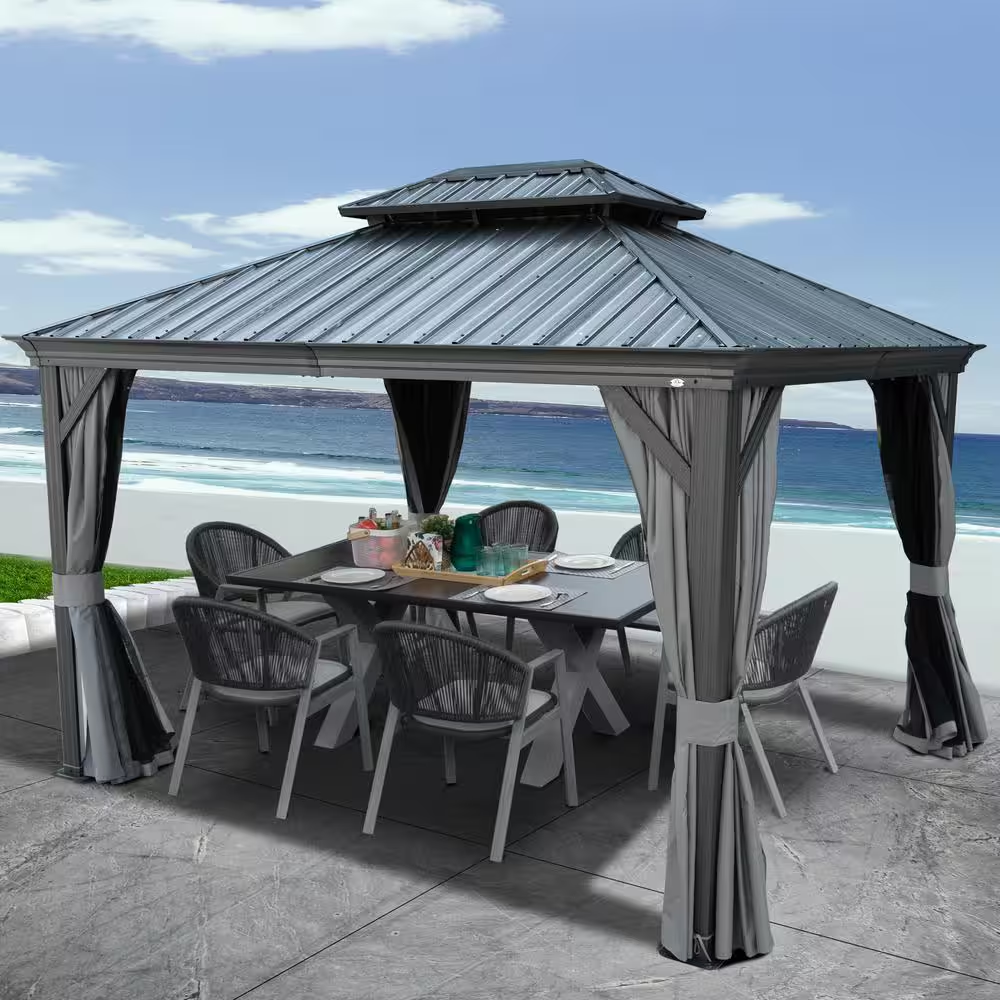 Alexander 10 Ft. X 12 Ft. Aluminum Gray Hardtop Gazebo with Galvanized Steel Roof Gray Color