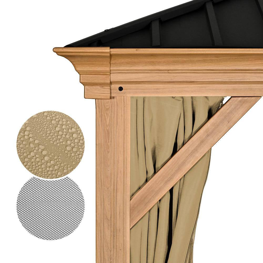 12 Ft. X 16 Ft. Double Roof Hardtop Wood Grain Aluminum Patio Gazebo with Netting and Khaki Curtains