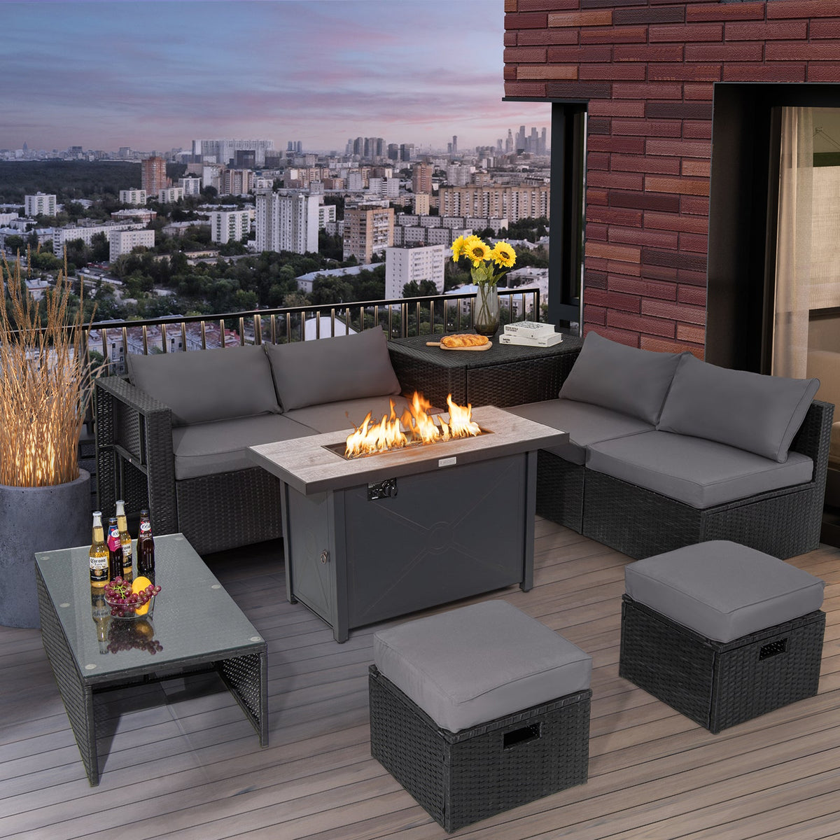 9 Pieces Outdoor PE Rattan Wicker Sectional Sofa with 42 Inch 60 000 BTU Gas Fire Pit Table-Gray