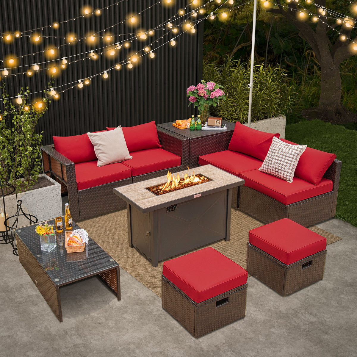 9 Pieces Outdoor Patio Furniture Set with 42 Inch Propane Fire Pit Table-Red