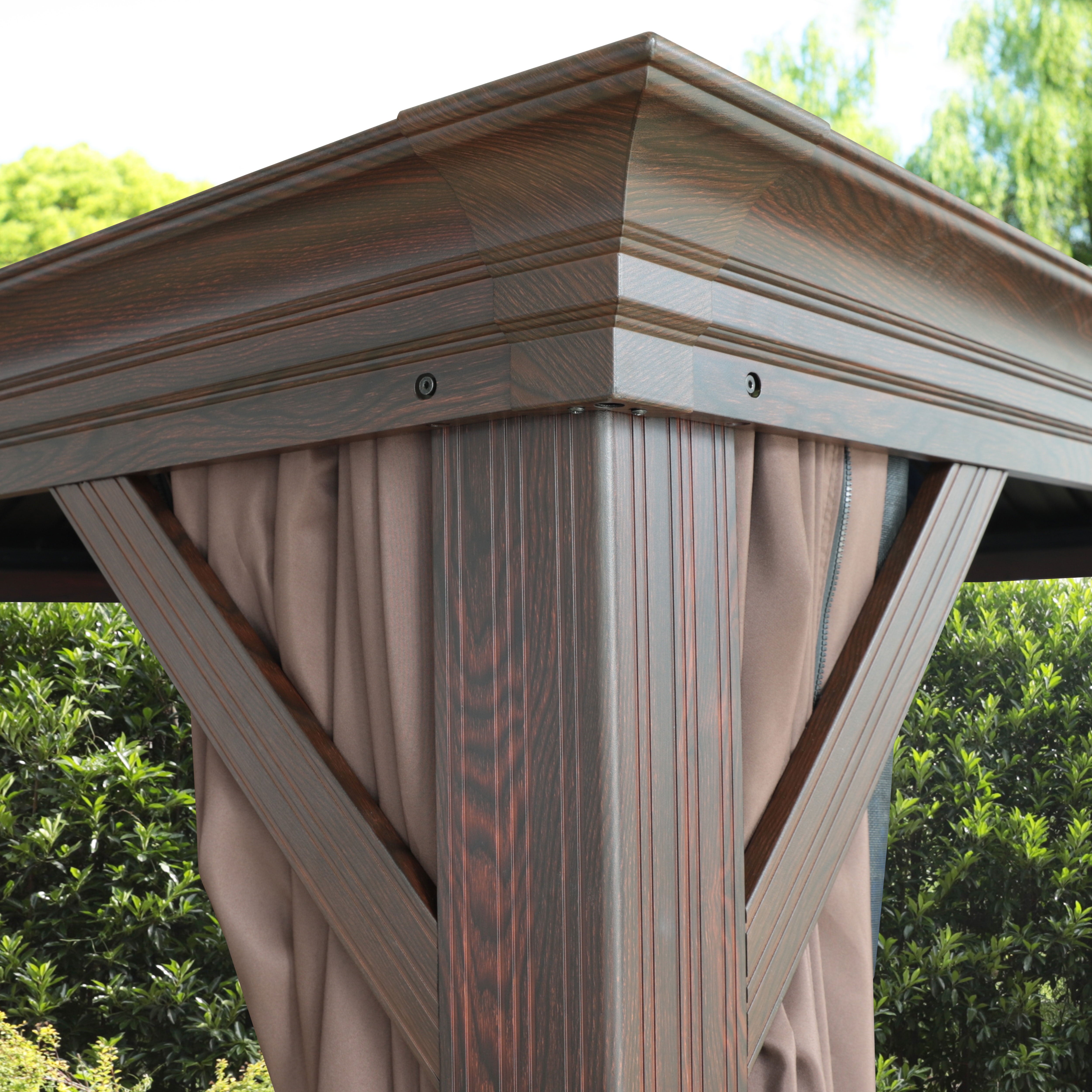 12' X 10' Outdoor Hardtop Gazebo, Water-Resistant Aluminum Wood Grain Gazebo, Rustic