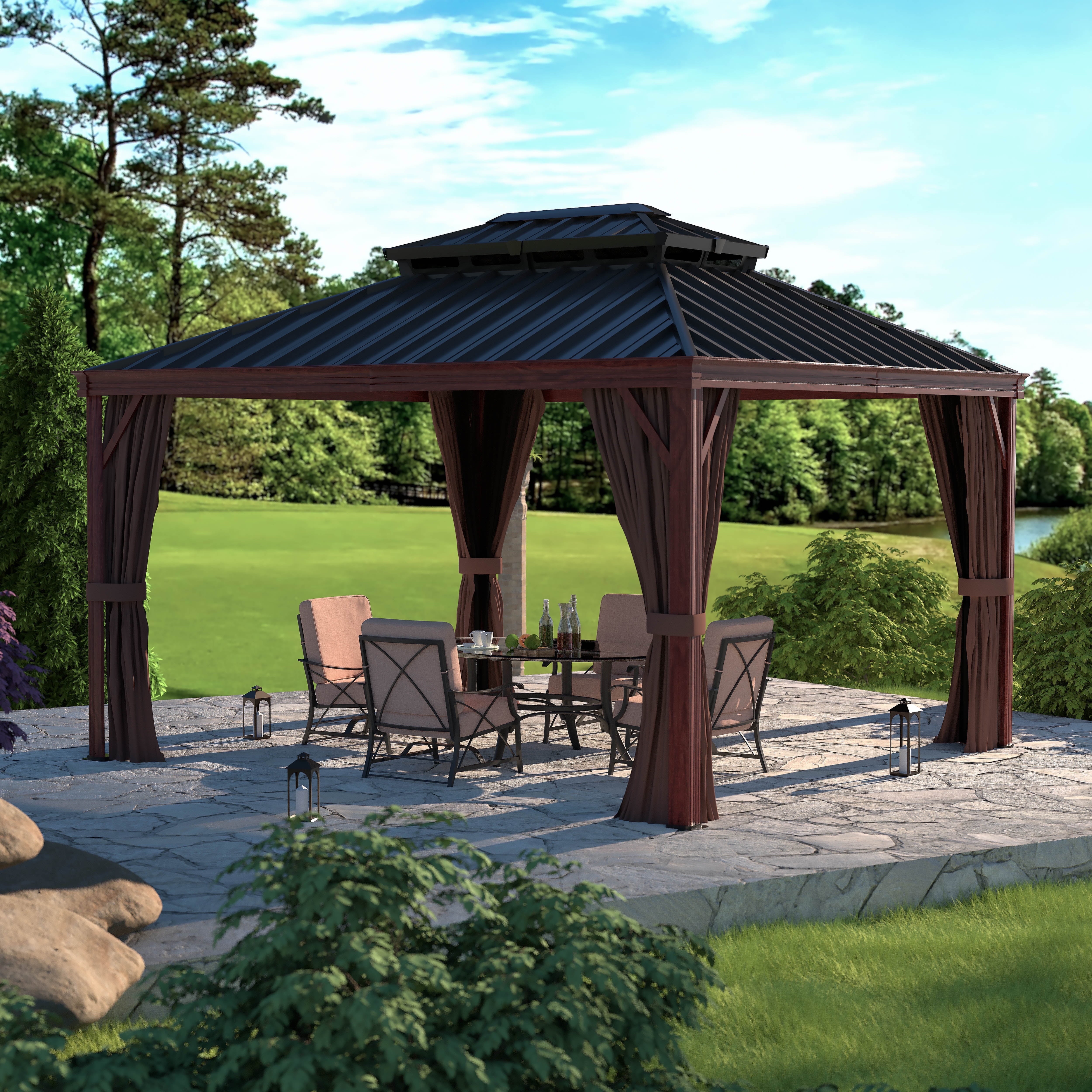 12' X 10' Outdoor Hardtop Gazebo, Water-Resistant Aluminum Wood Grain Gazebo, Rustic