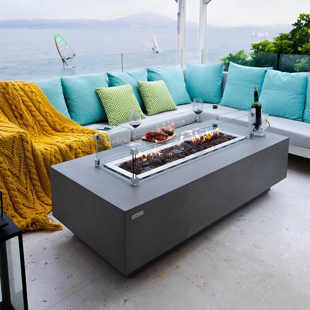 Granville Fire Table Outdoor Fire Pit 60" X 27" Cast Concrete Firepit Includes Lava Rocks 45,000 Btus Outdoor Fireplace for Patio Furniture Set, Deck, Porch, Outdoor Heater - Natural Gas