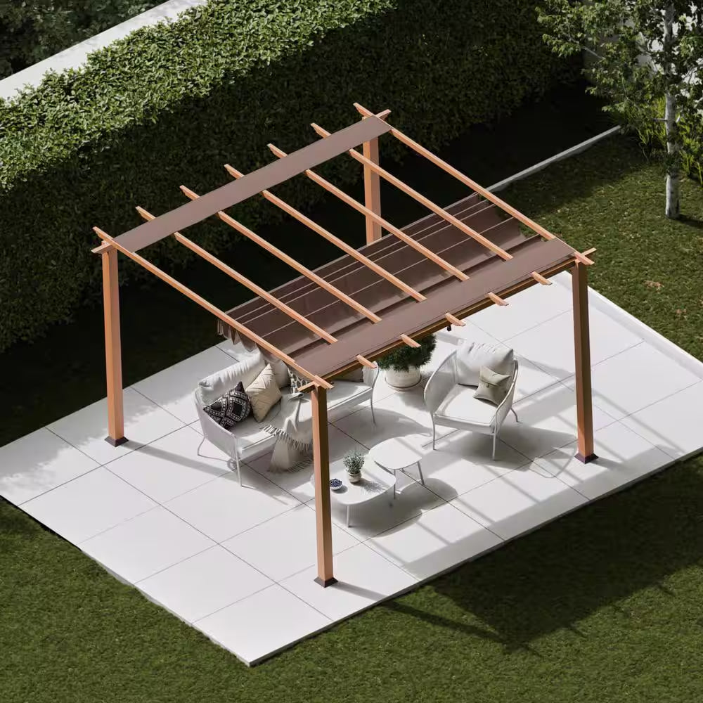 Florence 11 Ft. X 11 Ft. Wood Grain Aluminum Pergola in Canadian Cedar and Cocoa Convertible Canopy