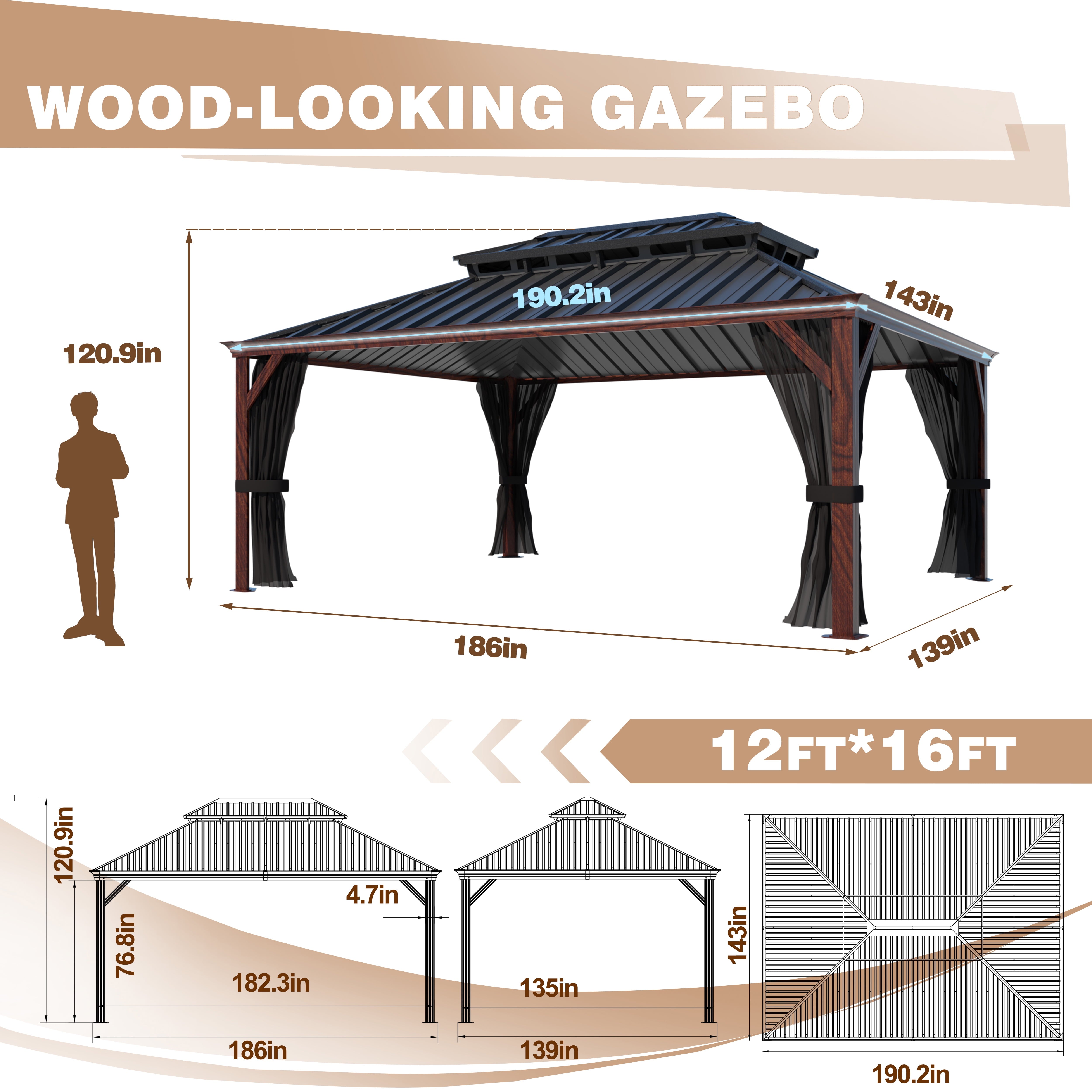 12' X 16' Outdoor Hardtop Gazebo, Wood Grain Gazebo W/Double Metal Roof for Patio, Rustic