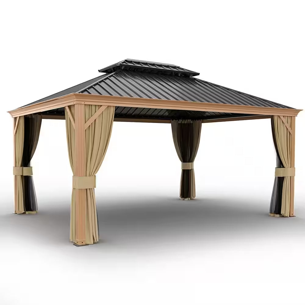 12 Ft. X 16 Ft. Double Roof Hardtop Wood Grain Aluminum Patio Gazebo with Netting and Khaki Curtains