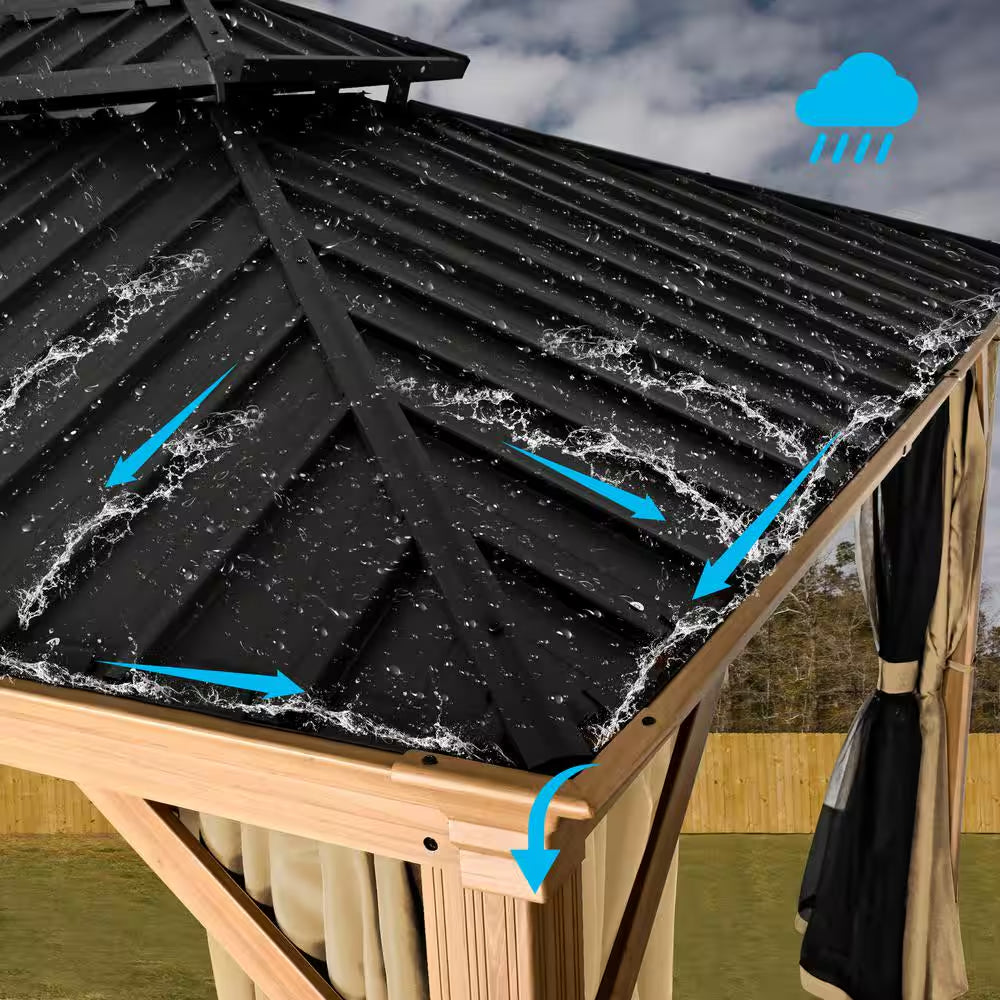 12 Ft. X 16 Ft. Double Roof Hardtop Wood Grain Aluminum Patio Gazebo with Netting and Khaki Curtains